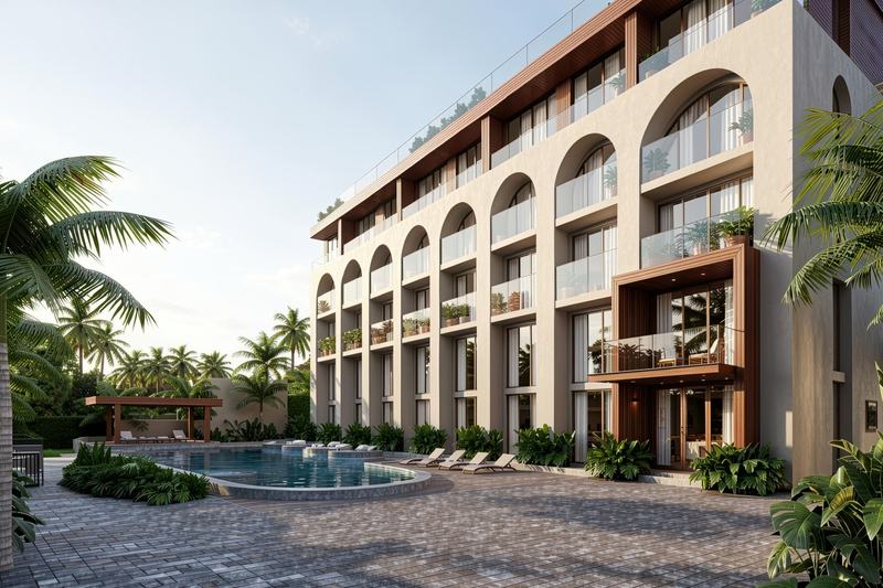 EDEM II studio: arched facade over the shared pool (render)