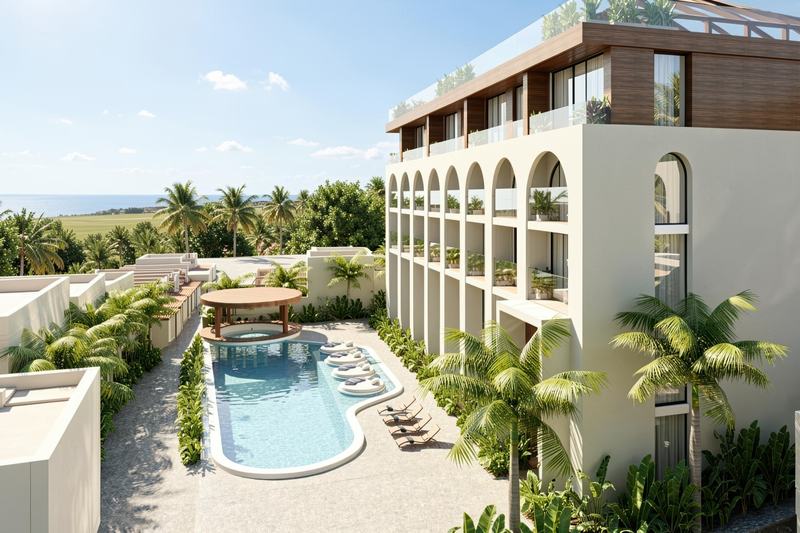 EDEM II studio: the block from above with pool and greenery (render)