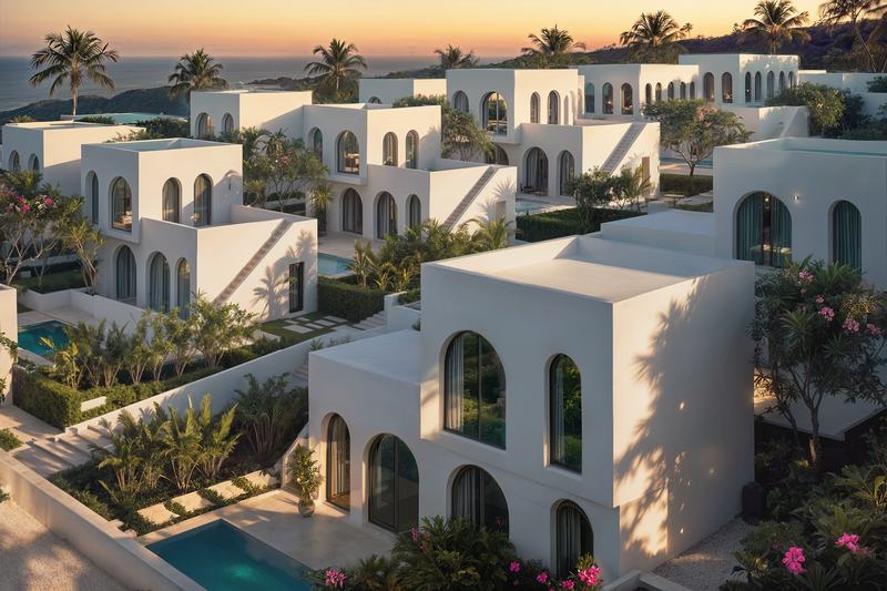 EDEM II: white arched villas with pools on a hill at sunset (render)