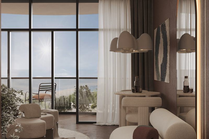 1BR apartment: living room with full-height glass and terrace access, render