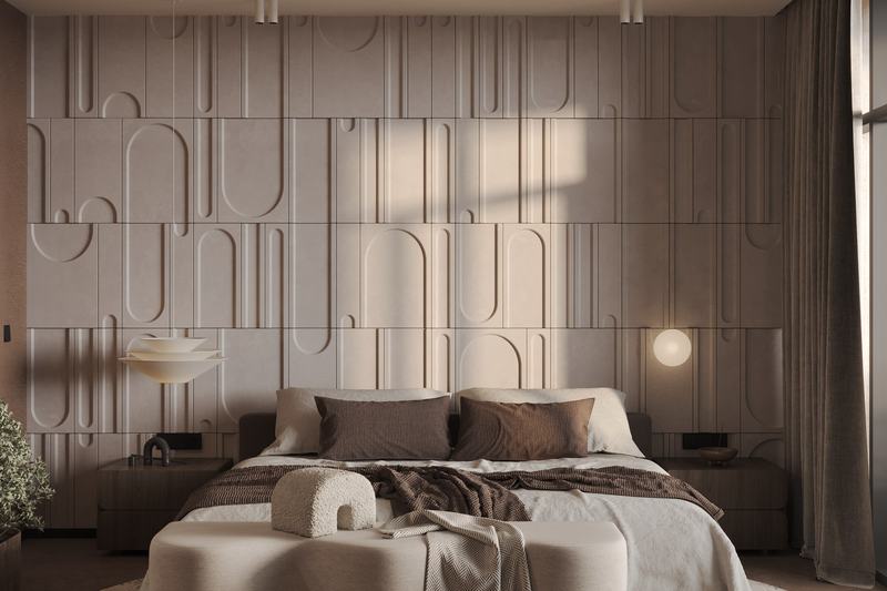1BR apartment: bedroom with a textured feature wall, render