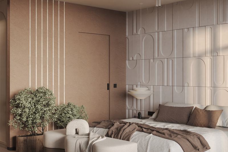 1BR apartment: sleeping area by the window and greenery, render