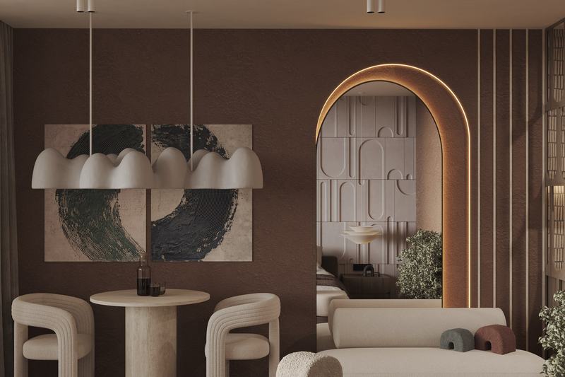 1BR apartment: dining area and arched opening, render