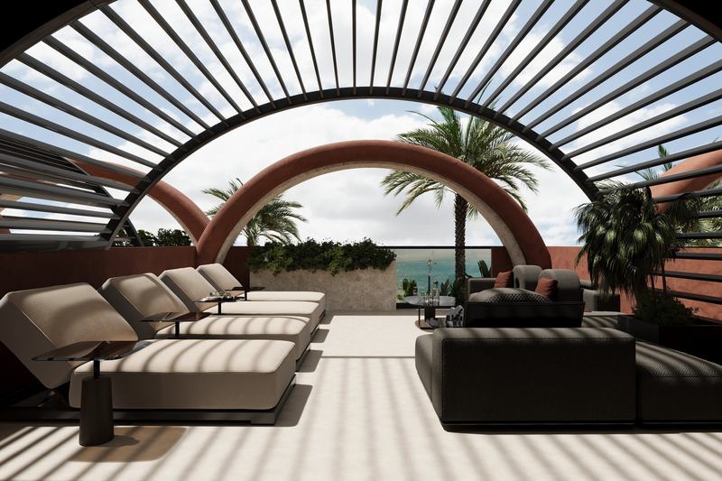 Rooftop villa: roof terrace under an arch with an ocean view, developer's render