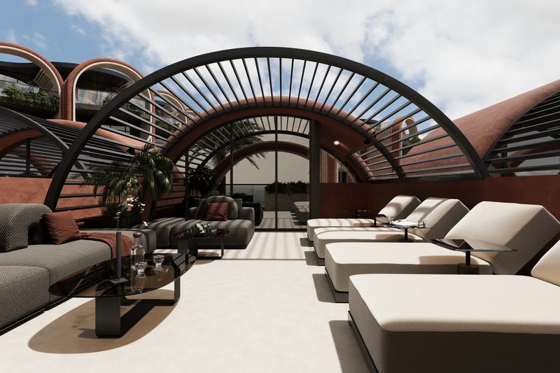 Rooftop villa: loungers and seating on the roof, render