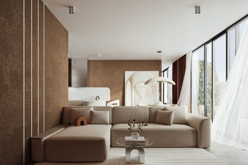Rooftop villa: living room with a picture window, render