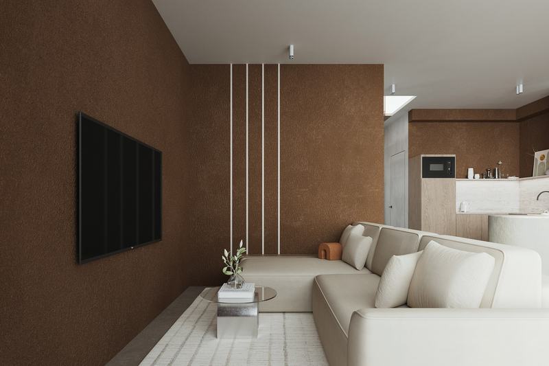 Rooftop villa: sofa and TV corner in the living room, render