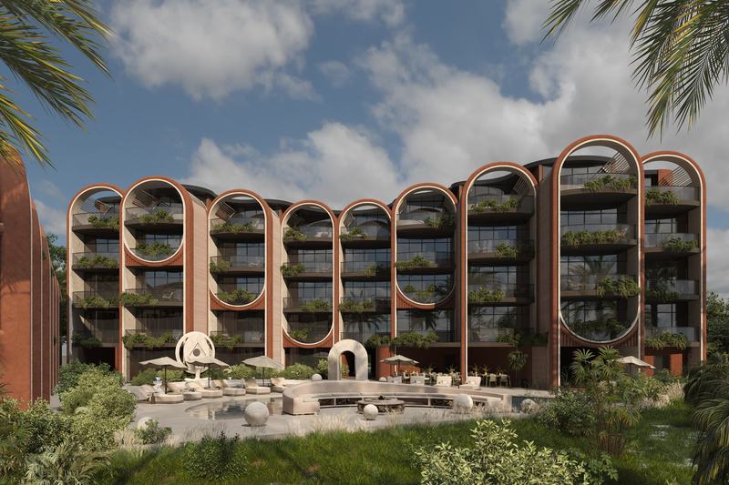Eighth Sense: arched terraces over the courtyard pool, developer's render
