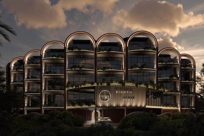 Eighth Sense: arches lit up on the facade at night, render