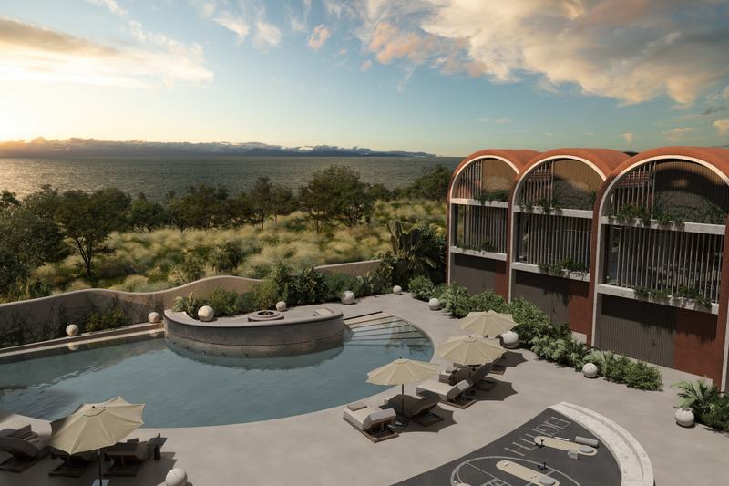 Eighth Sense: pool and ocean view at sunset, render