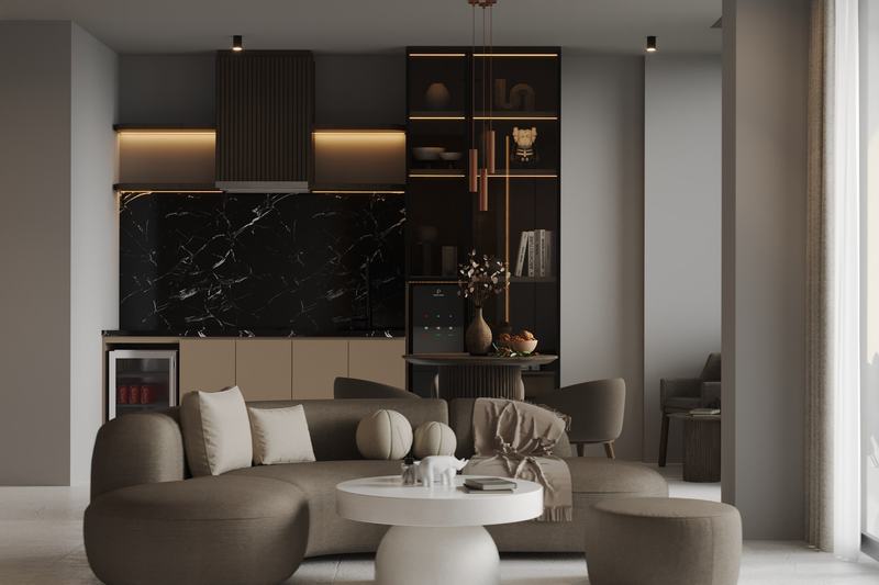 Elysium eco-city 2BR apartment: living room and kitchen