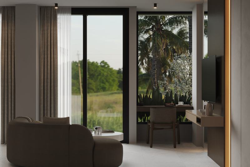 Elysium eco-city 2BR apartment: living room with a floor-to-ceiling window onto the garden