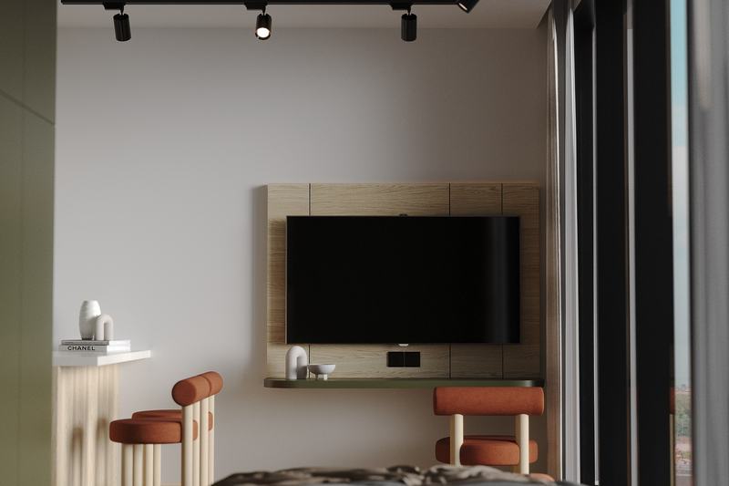 Elysium eco-city studio: sleeping area opening onto the balcony