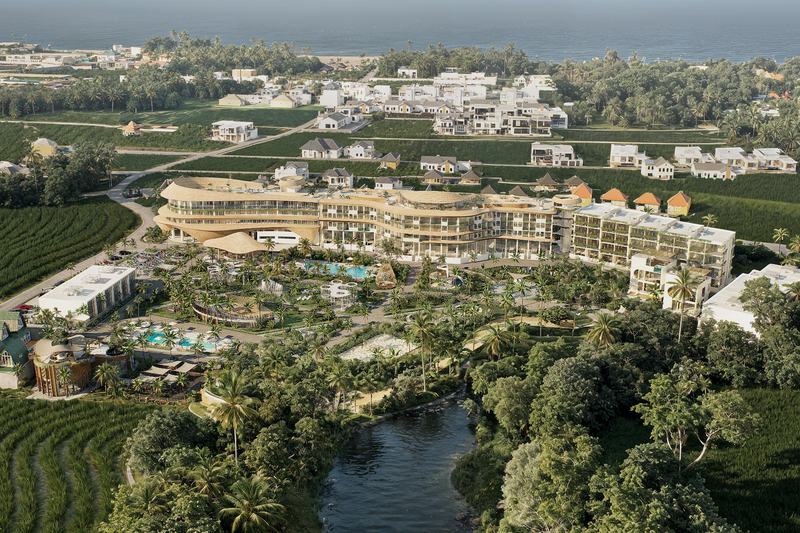 Elysium eco-city: aerial view over rice fields toward the ocean