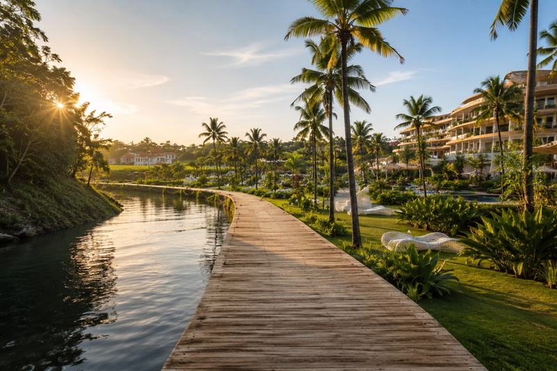 Elysium eco-city: riverside walkway at sunset