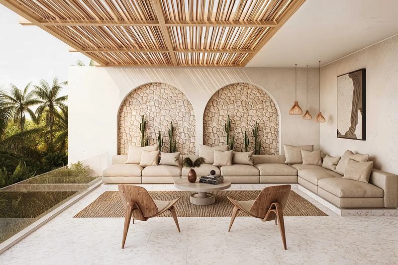 Ema Villas: poolside living room under a bamboo roof