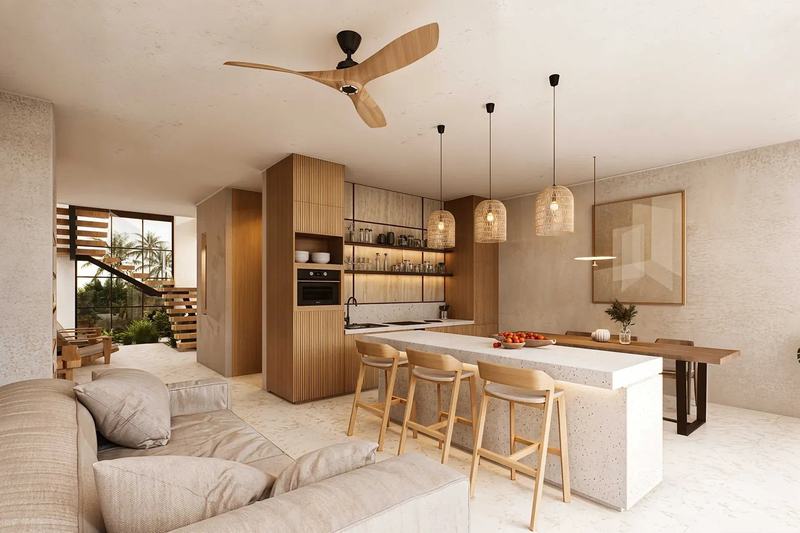 Ema Villas: living room and kitchen island