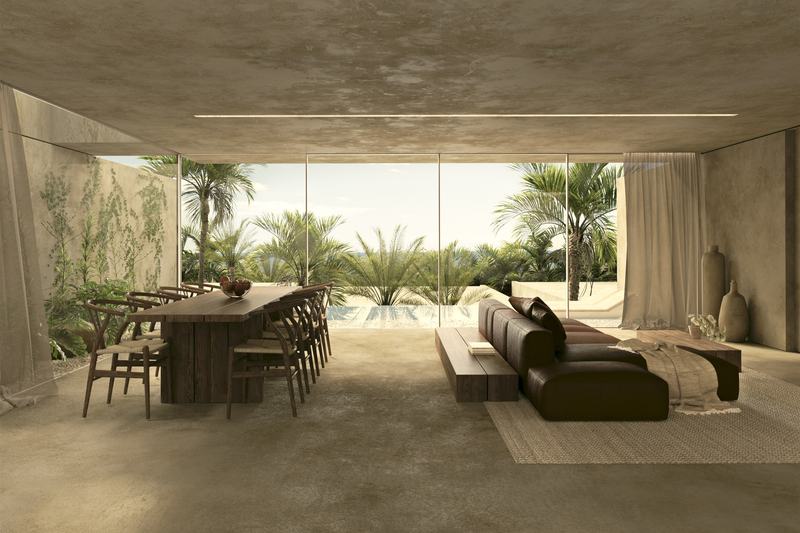 Eternal Villas 2BR: open living and dining room by the pool
