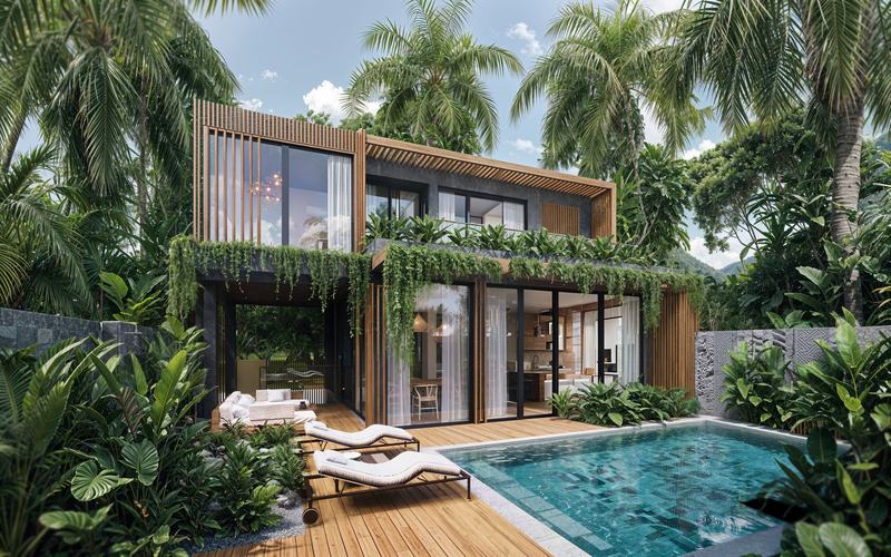 Villa S render: poolside terrace with loungers