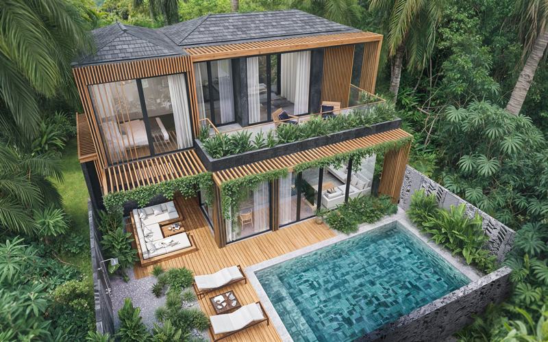 Villa S render: pool, terrace, rooftop from above