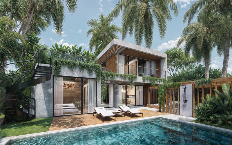 Villa L render: concrete and timber facade