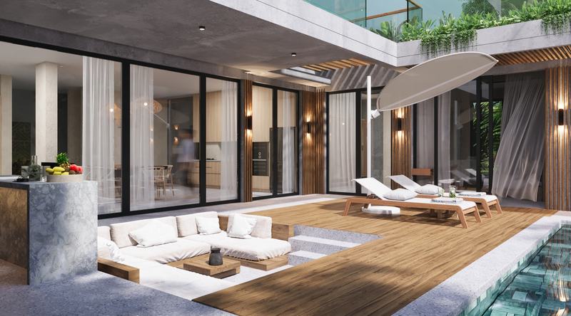 Villa L render: lounge terrace by the pool