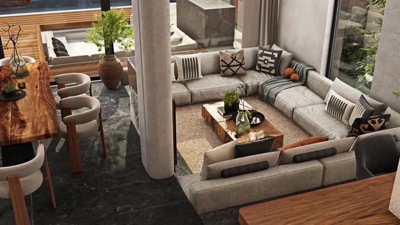 Villa L render: sofa and dining table