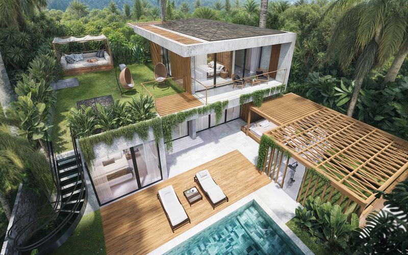 Villa L render: rooftop, garden and pool, aerial