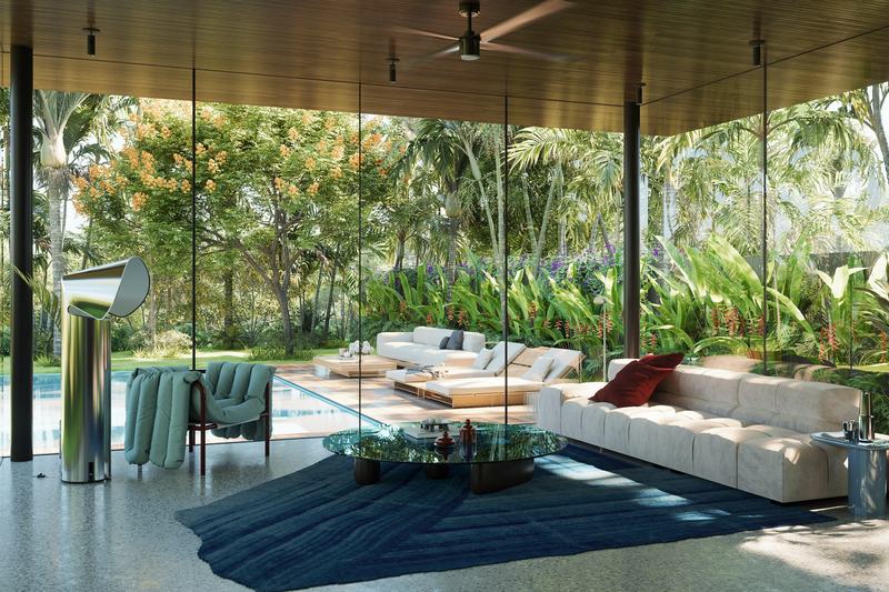 Flower Estates: living room opening to the pool, render