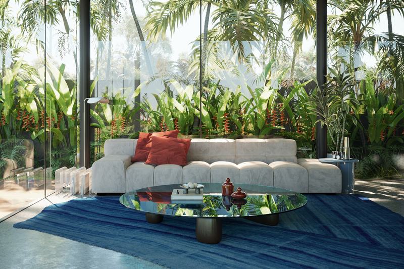 Flower Estates: living room looking into the garden, render