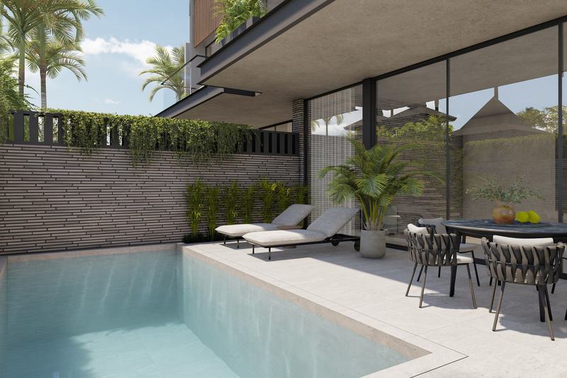 Four Palms Villas: courtyard pool and covered dining terrace (render)