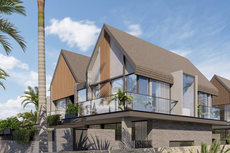 Four Palms Villas: villa facade among palm trees (render)