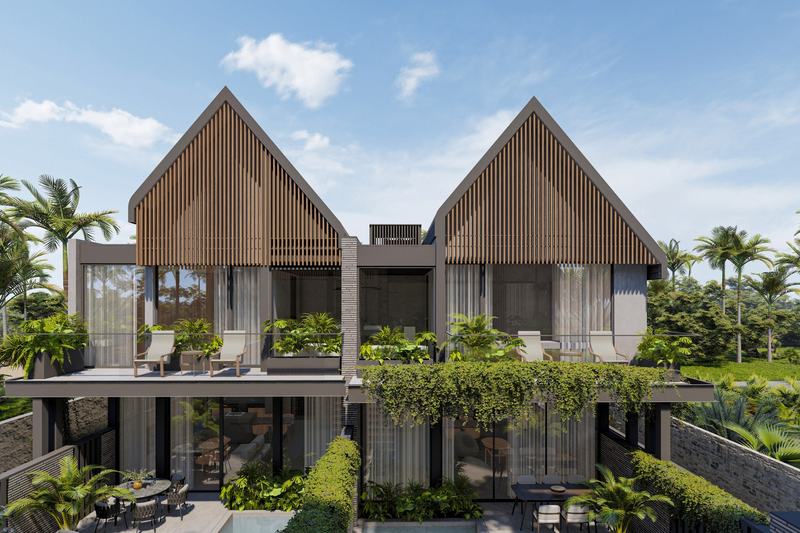 Four Palms 2BR villa: pitched roofs over two wings (render)