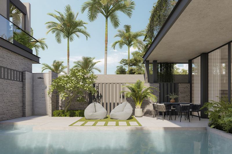 Four Palms 2BR villa: pool, palms and garden wall (render)