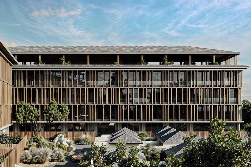 Green Village: apartment facade with timber louvers (render)