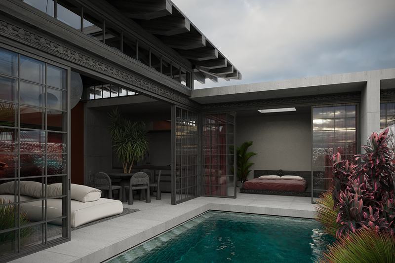 K-Village 1BR villa: pool running along the house by day (render)