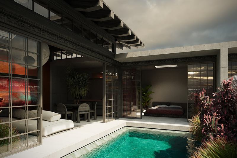 K-Village 1BR villa: covered terrace beside the pool (render)