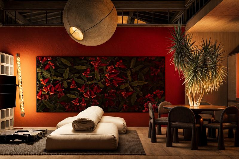 K-Village 1BR villa: living room with a planted wall panel (render)
