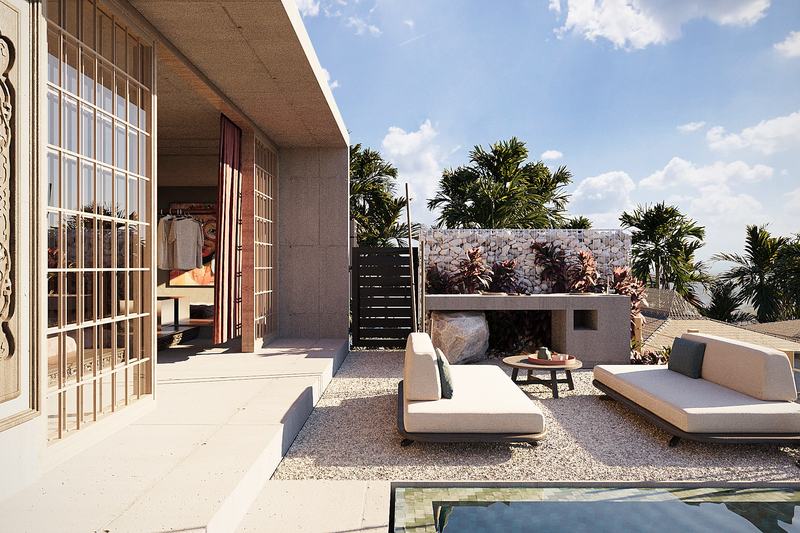 K-Village 2BR villa: gravel courtyard with sun loungers (render)