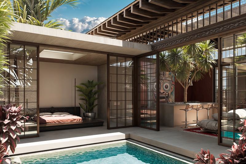 K-Village 2BR villa: pool and an open-sided bedroom by day (render)