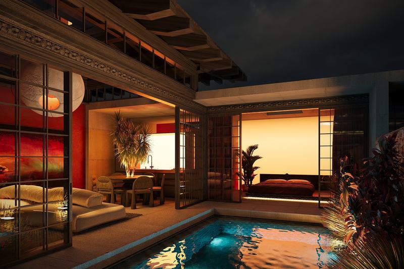 K-Village: courtyard and pool in the evening (render)