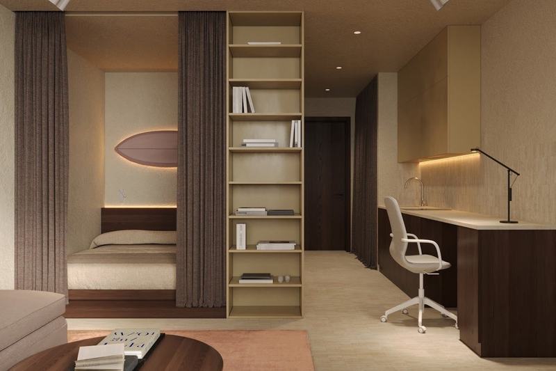 Kedungu 1BR Terrace: hallway with a shelving unit and desk