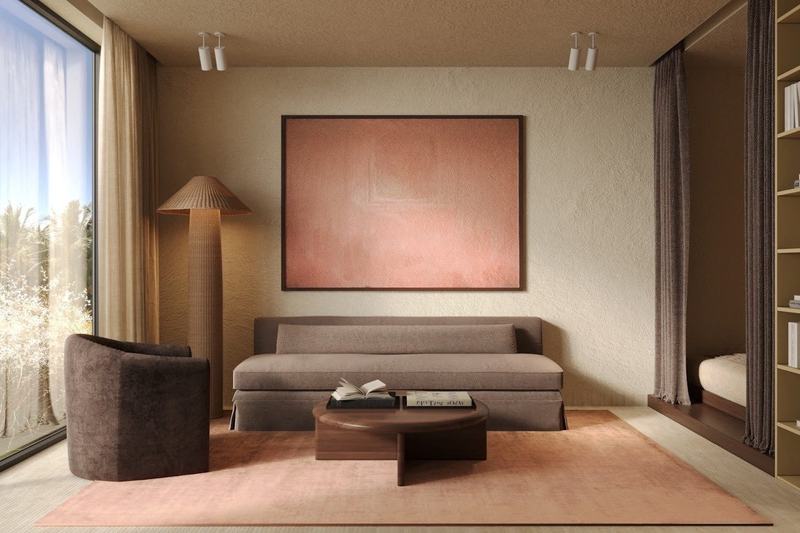 Kedungu 1BR Terrace: pink accent wall and a field view from the living room