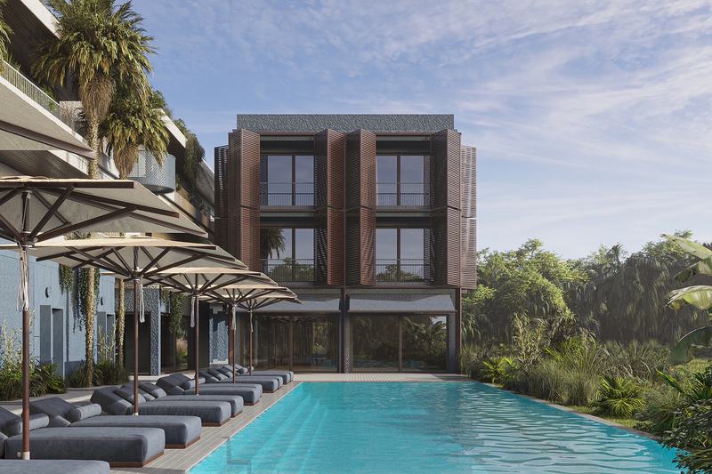 Kedungu Baza Studio SMT: residence pool and timber-slatted building, render