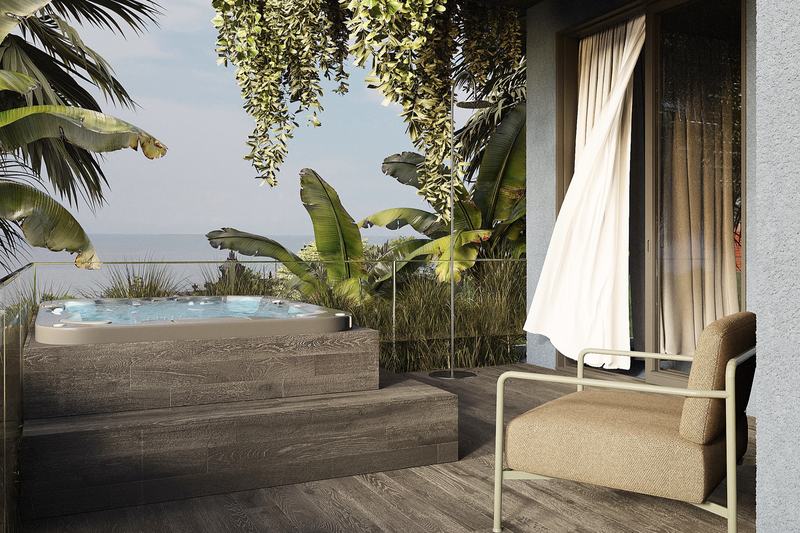 Kedungu Baza Honeymoon Suite: terrace with a hot tub and ocean view, render
