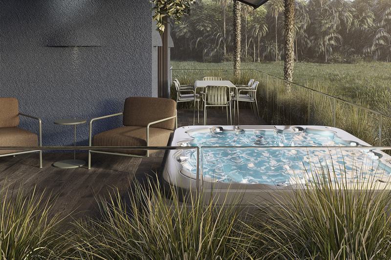 Kedungu Baza Honeymoon Suite: hot tub and dining table on a terrace above the paddies, render