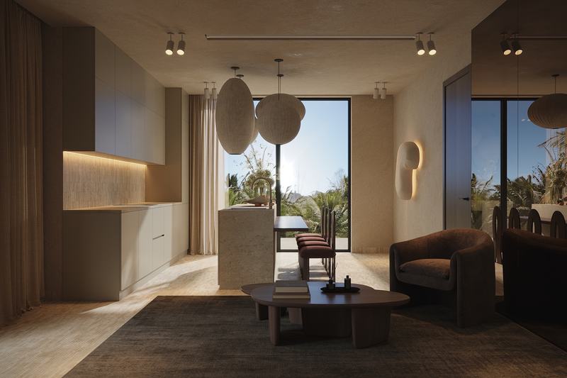 Kedungu Baza Honeymoon Suite: living room and kitchen opening toward palms, render