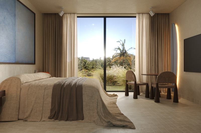 Kedungu Baza Studio SMT: bed by a tall window and a dining corner, render
