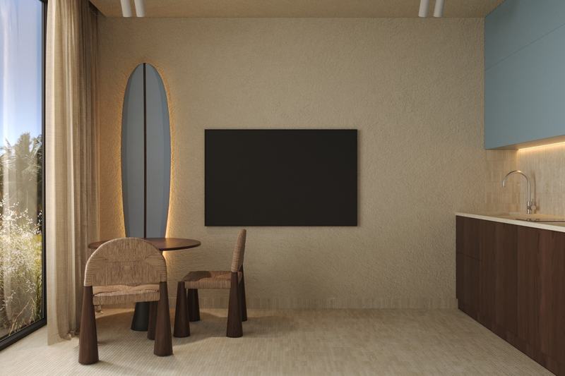 Kedungu Baza Studio SMT: table for two, TV and a backlit surfboard, render
