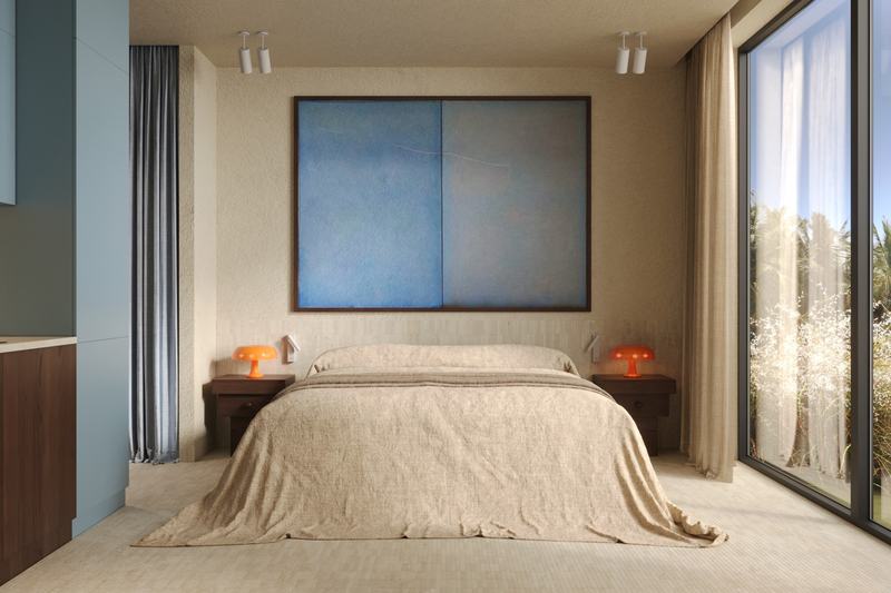 Kedungu Baza Studio SMT: bed with side tables and palms outside, render